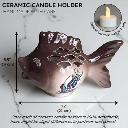 Fish design ceramic tealight candle holder handmade, artisan hand-painted ceramic lantern for home décor, works with real tealight or LED candles
