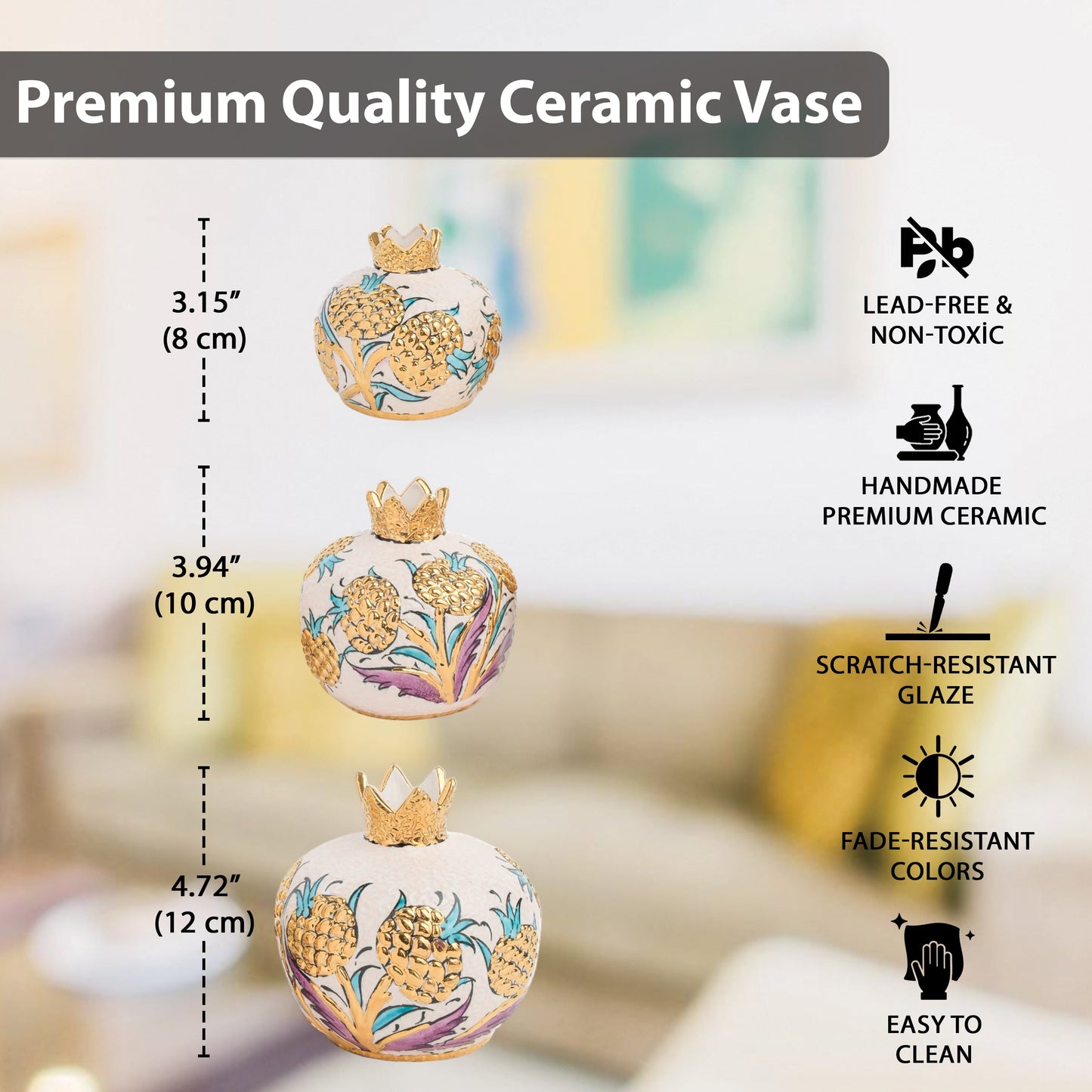 Handmade Ceramic Pomegranate Vase, Golden Vase Home Decor