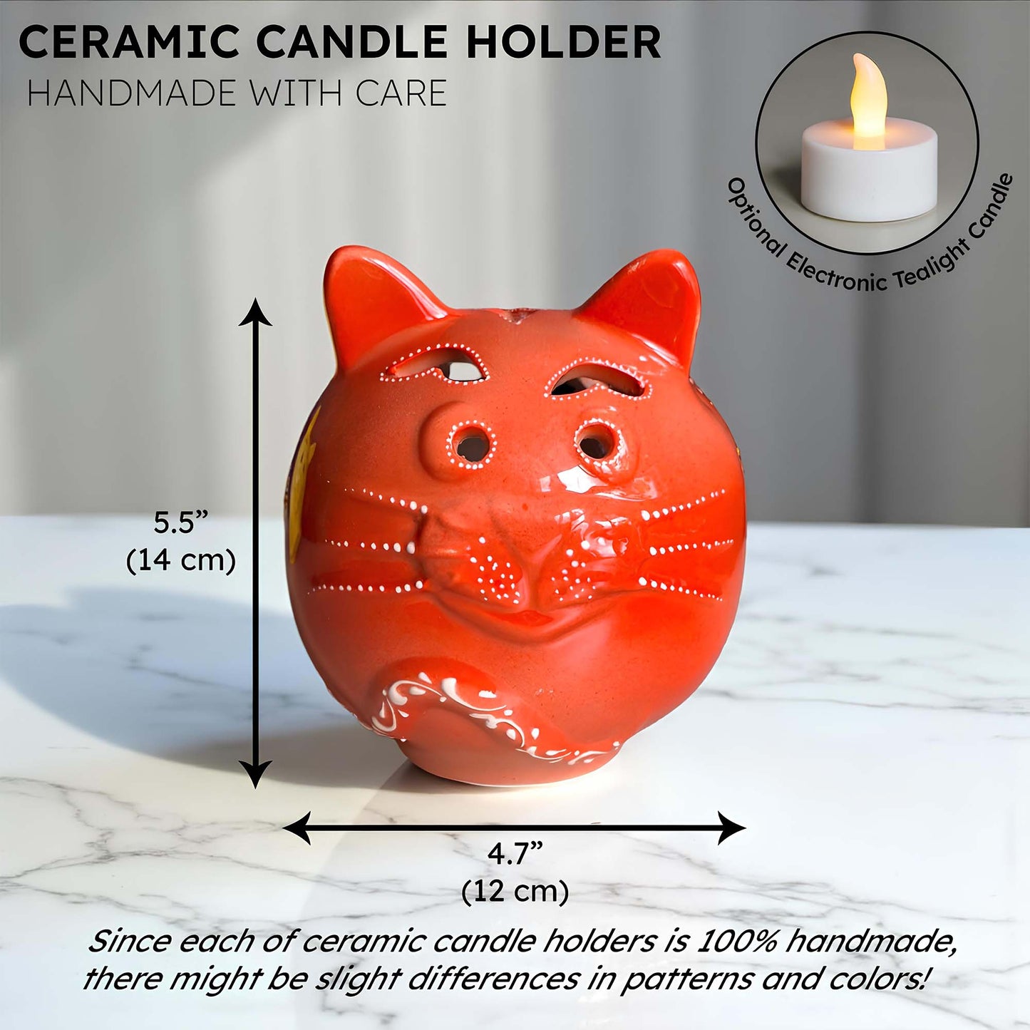 Cat design ceramic tealight candle holder handmade, hand-painted lantern for home décor, artisan ceramic candle holder for real or LED tealight candles