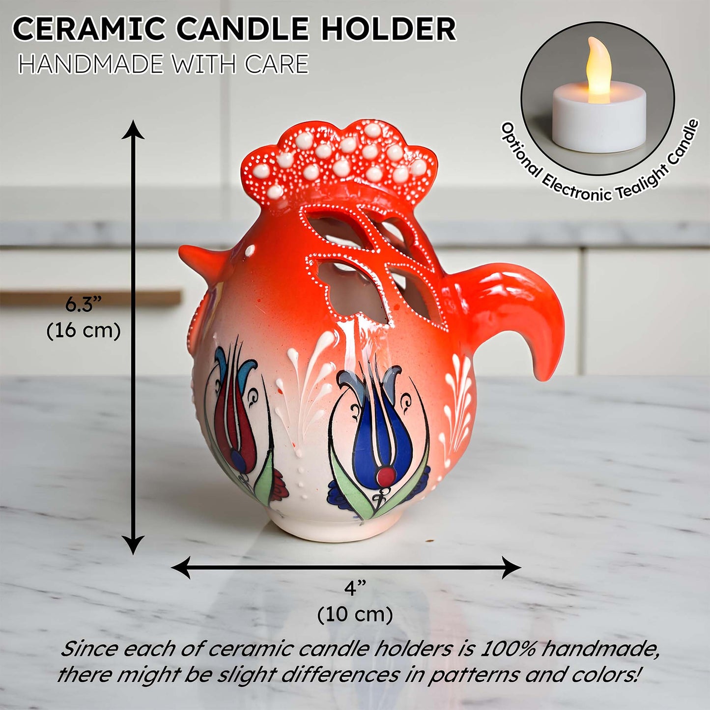 Rooster design ceramic tealight candle holder handmade, artisan hand-painted rooster lantern, fits real tealight or LED candles for rustic home décor