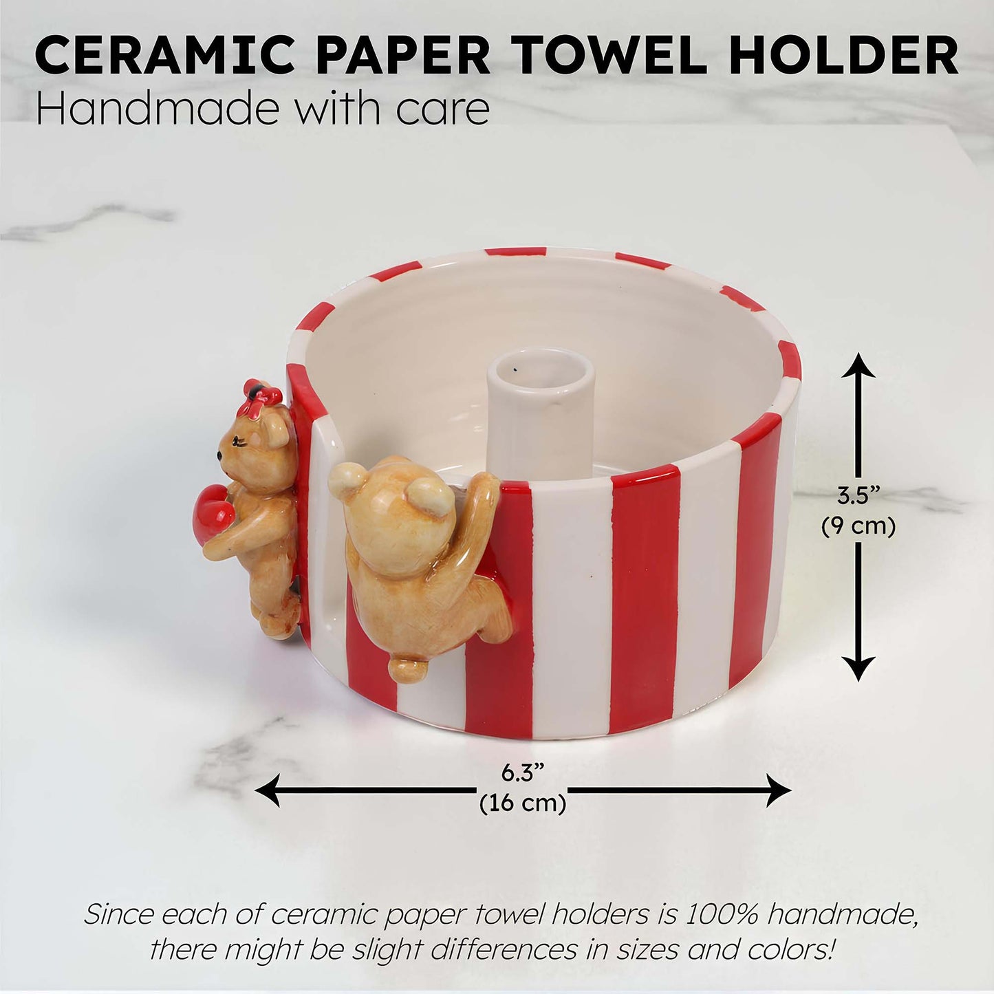 Ceramic paper towel holder with teddy bears on a white background