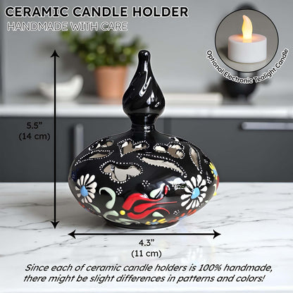 Minaret design ceramic tealight candle holder handmade, artisan hand-painted ceramic lantern for home décor, fits real tealight or LED candles