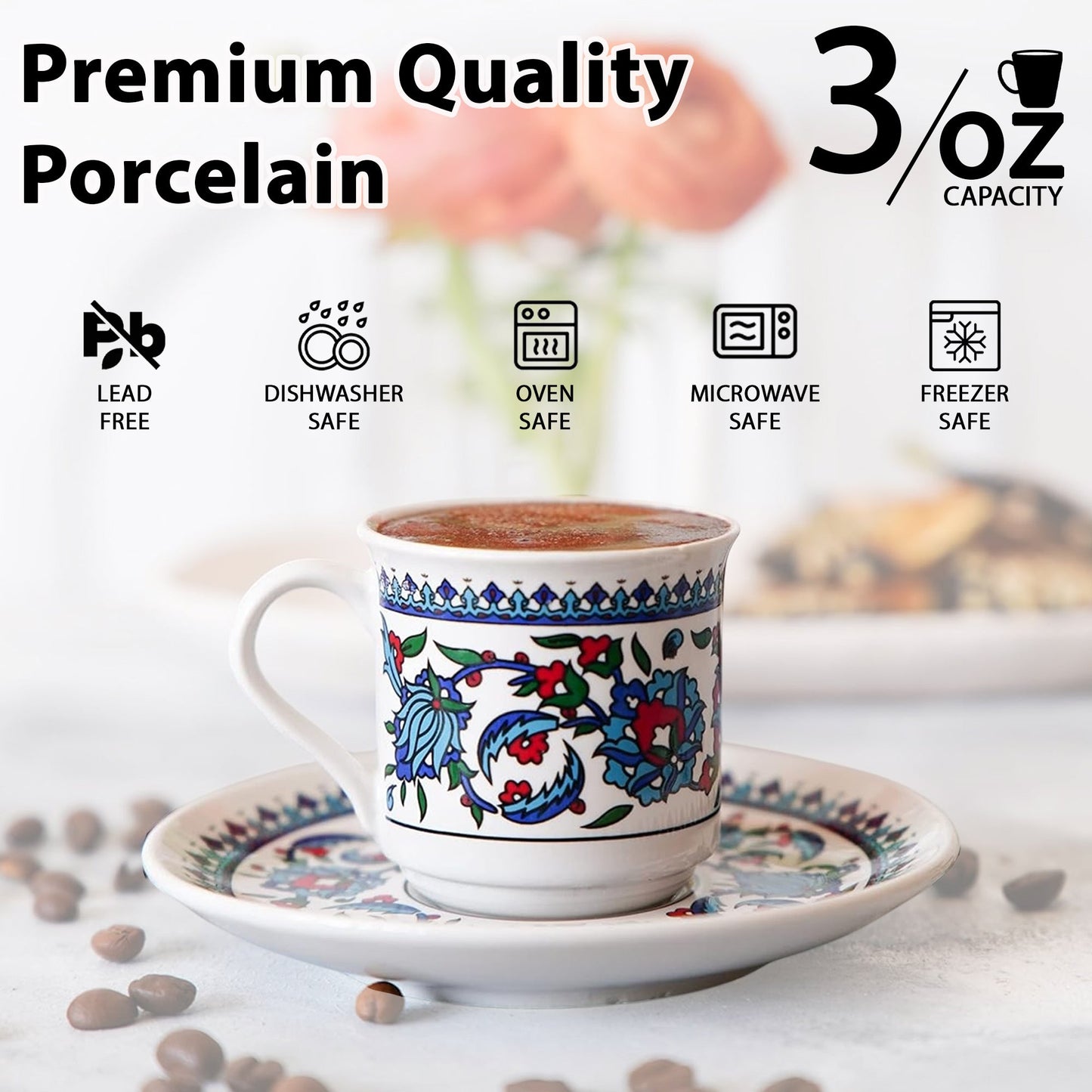 Handmade Porcelain Turkish Coffee Cups, Turkish Coffee Cup with Saucer Sets