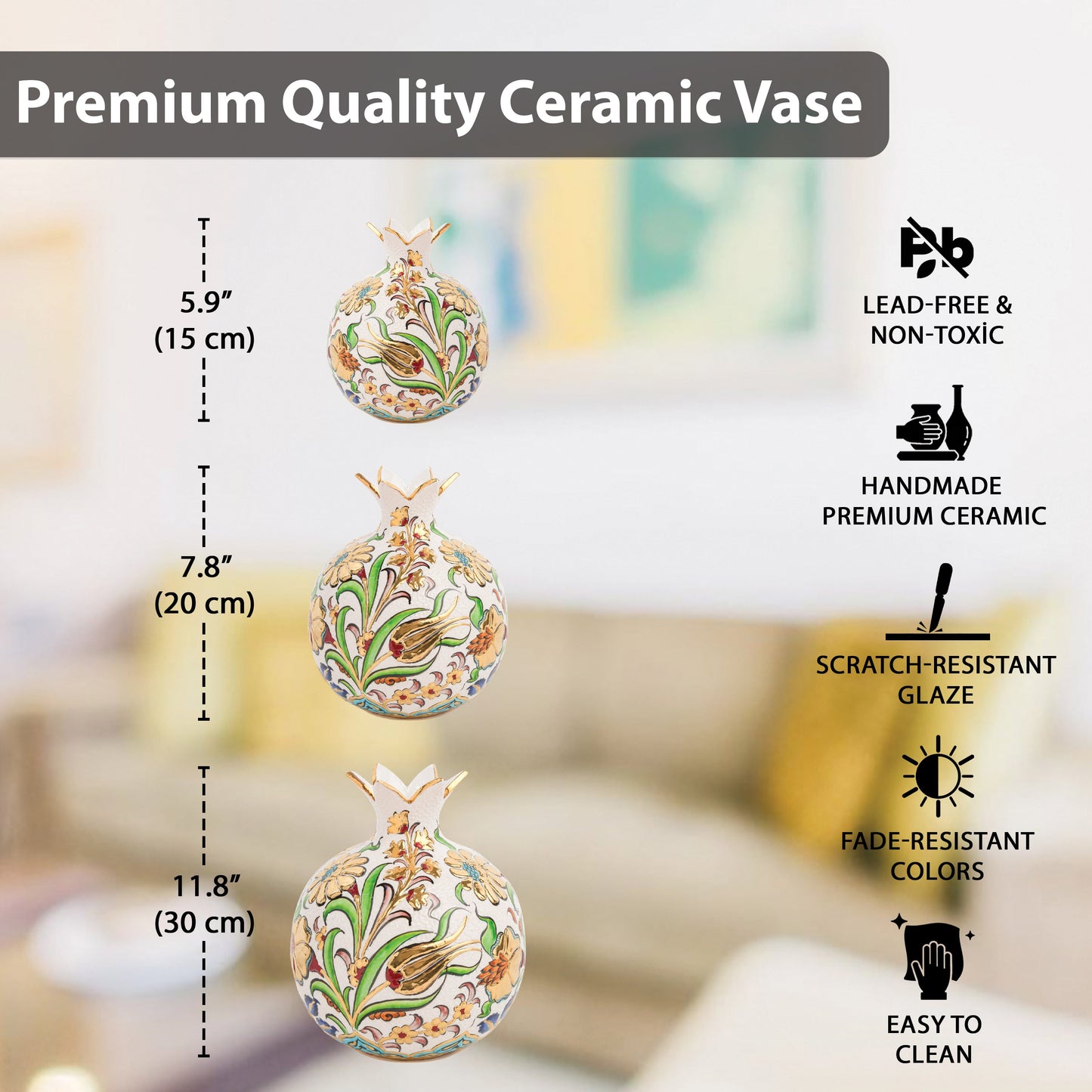 Handmade Ceramic Pomegranate Vase, Golden Vase Home Decor