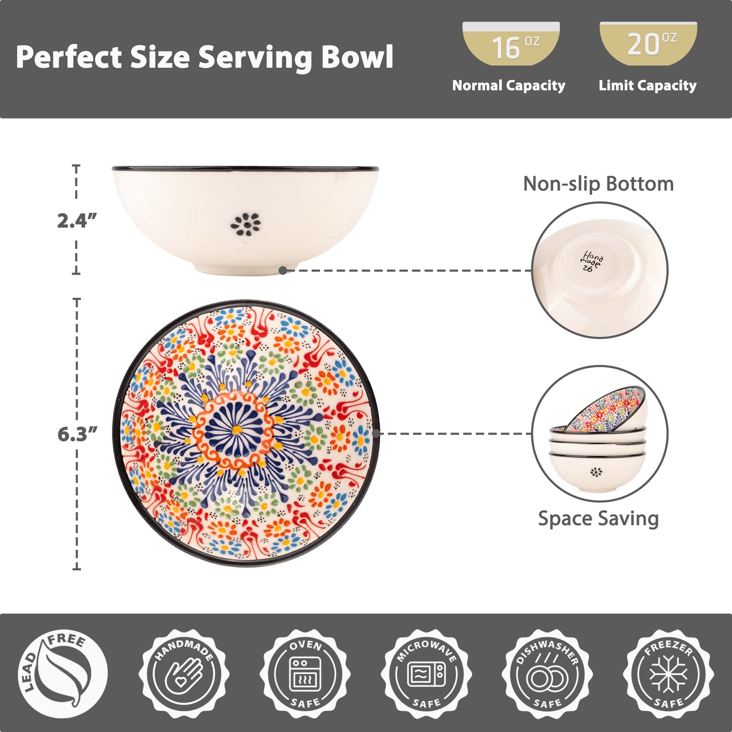 Infographic of a serving bowl with measurements, capacity details, and features.