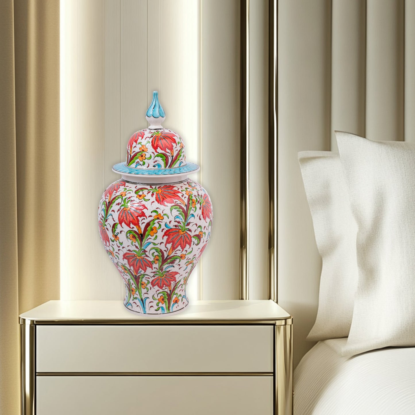 Hand-painted Tulip Garden ceramic jar with vivid red tulips, yellow blossoms & green foliage. Lidded artisan jar with turquoise finial, perfect décor or gift.