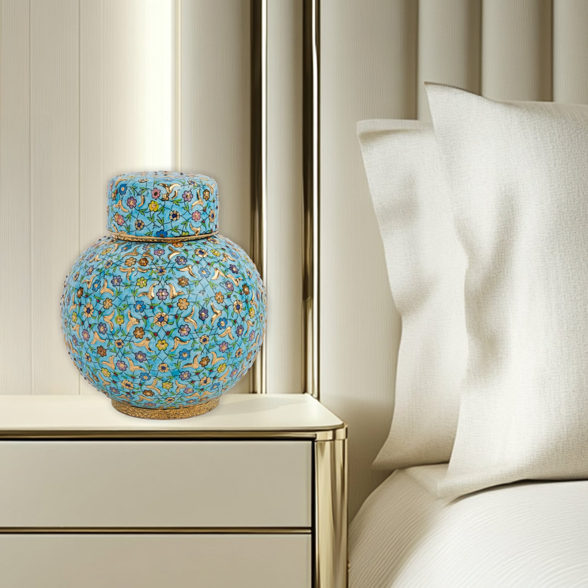 Hand-painted Turquoise Blossom ceramic jar with lid. Features floral motifs in turquoise, lavender & gold. Round melon shape, artisan-made, perfect décor.