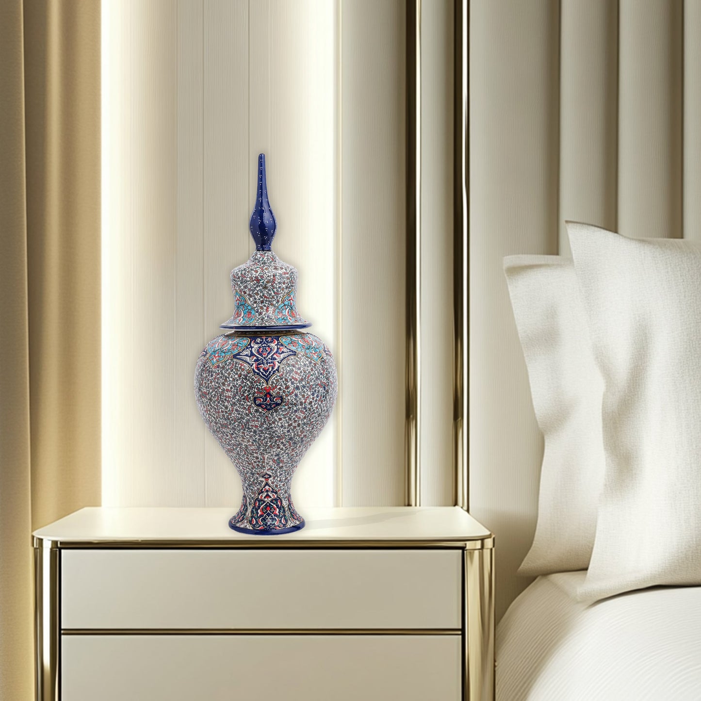 Hand-painted Sultan Elegance ceramic jar with Ottoman floral motifs in navy, teal & crimson. Tall finial lid design, artisan-made, perfect décor or gift.