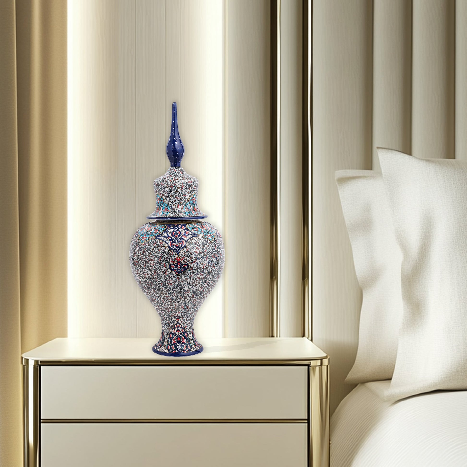 Hand-painted Sultan Elegance ceramic jar with Ottoman floral motifs in navy, teal & crimson. Tall finial lid design, artisan-made, perfect décor or gift.