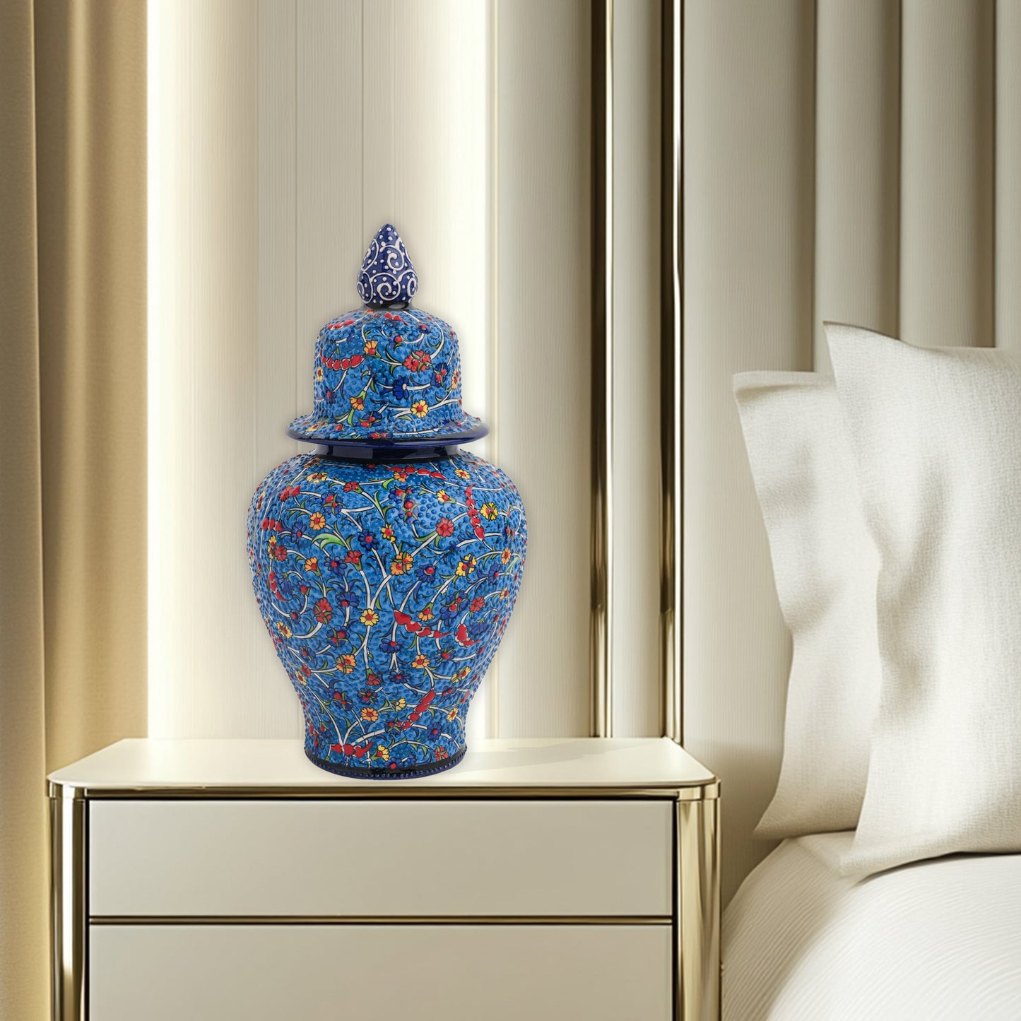 Hand-painted Blossom Night ceramic jar with vivid yellow, red & blue florals on cobalt base. Glossy artisan jar with ornate finial, perfect décor or gift.