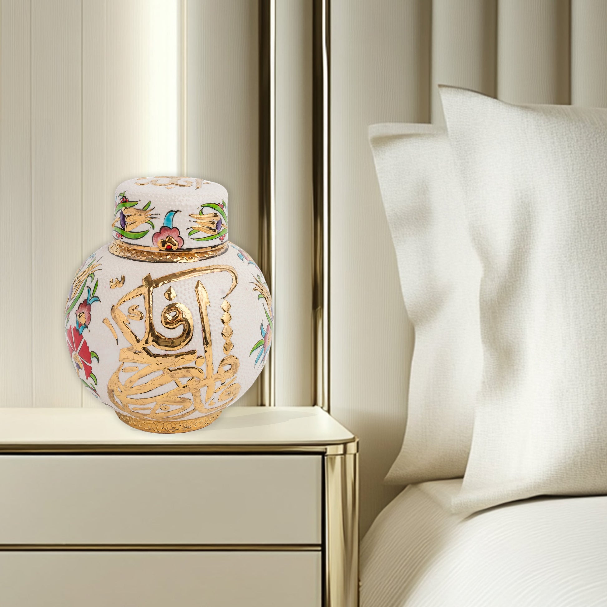 Hand-painted Gold Calligraphy ceramic jar with Ottoman floral motifs & Arabic script. Round melon-shaped design, glossy glazed, perfect décor or gift.