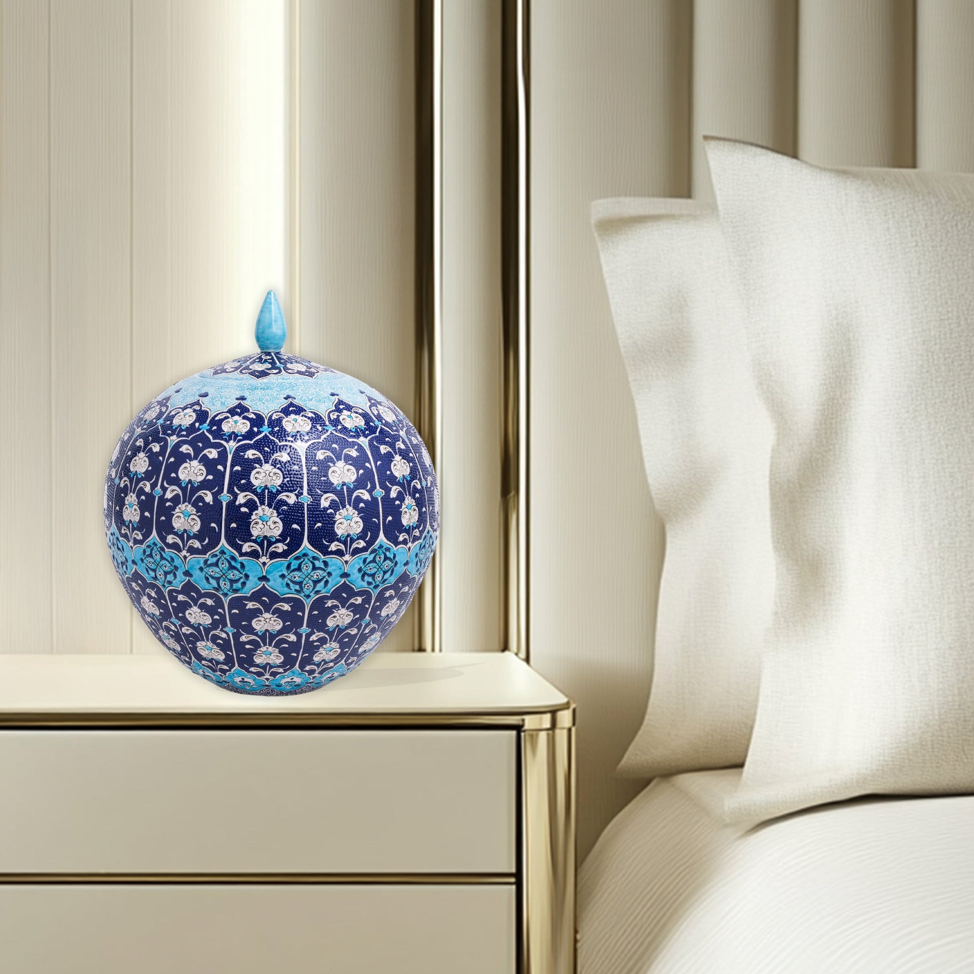 Hand-painted Ottoman Blue globe jar with white floral motifs on navy and turquoise. Round lidded ceramic jar, artisan-made, perfect décor or gift.