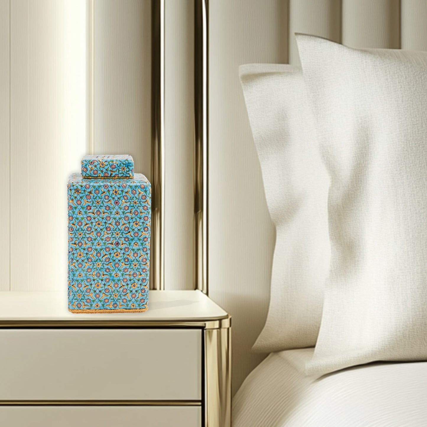Hand-painted Golden Blossom ceramic jar with turquoise base and gold floral motifs. Square lidded design, artisan-made, perfect for décor, tea, or gifts.