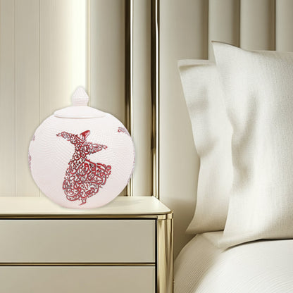 Hand-painted Whirling Dervish ceramic globe jar with Arabic calligraphy design. Available in red or blue, artisan-made, perfect for spiritual décor or gifts.