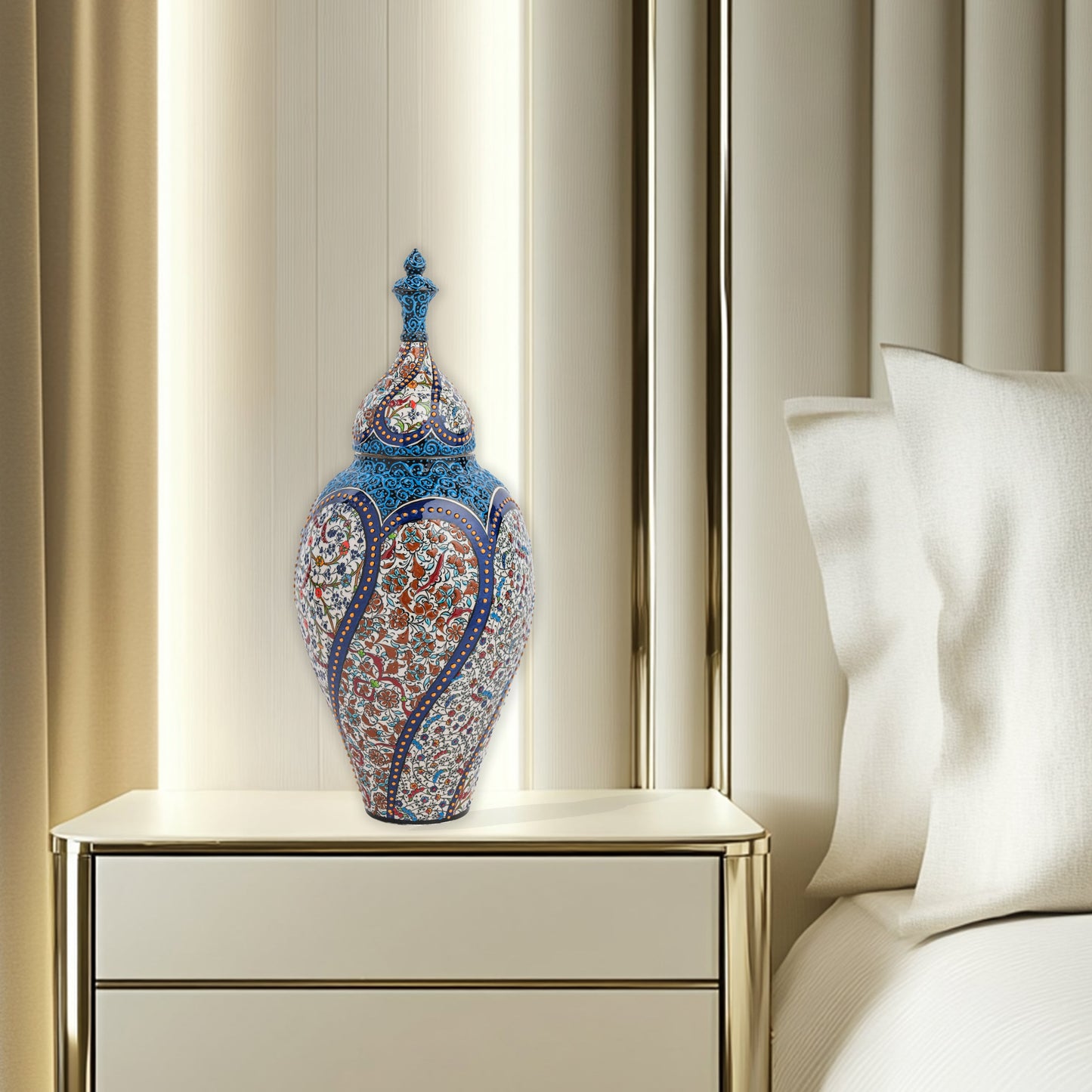 Hand-painted Vizier Mosaic ceramic canister with Ottoman floral tile motifs in cobalt, turquoise & earth tones. Tall lidded vase, perfect décor or gift.