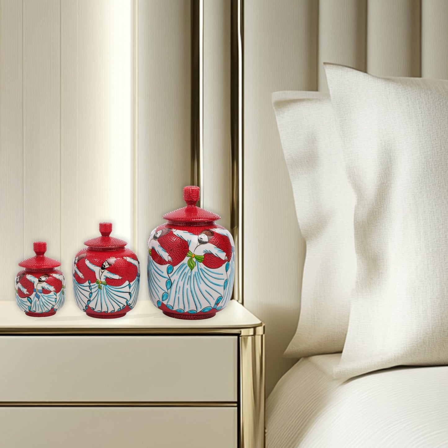 Handmade Ceramic Jar, Whirling Dervish Decorative Jar with Lid, Ceramic Jars Set of 3