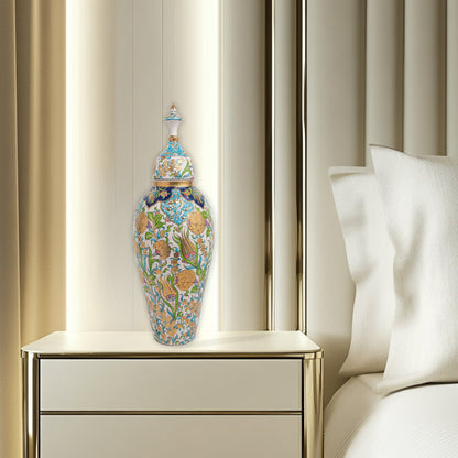Hand-painted Vizier Blossom ceramic canister with golden Ottoman florals, tulips & hyacinths. Tall lidded vase with glossy glaze, perfect décor or gift.