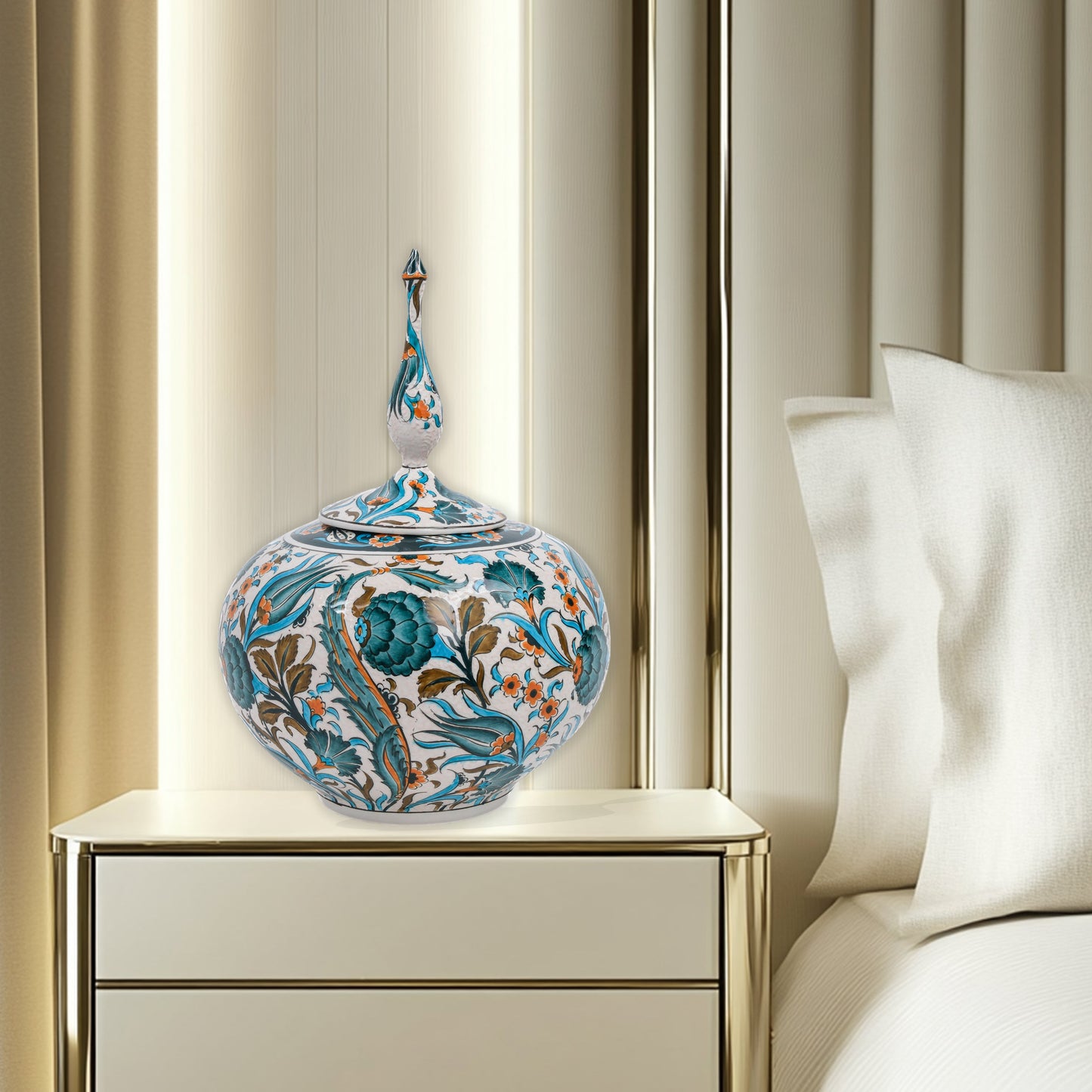 Hand-painted Iznik Bloom globe jar with teal blooms, tulips & vines on white. Bulbous Ottoman-inspired ceramic jar with finial lid, perfect décor or gift.