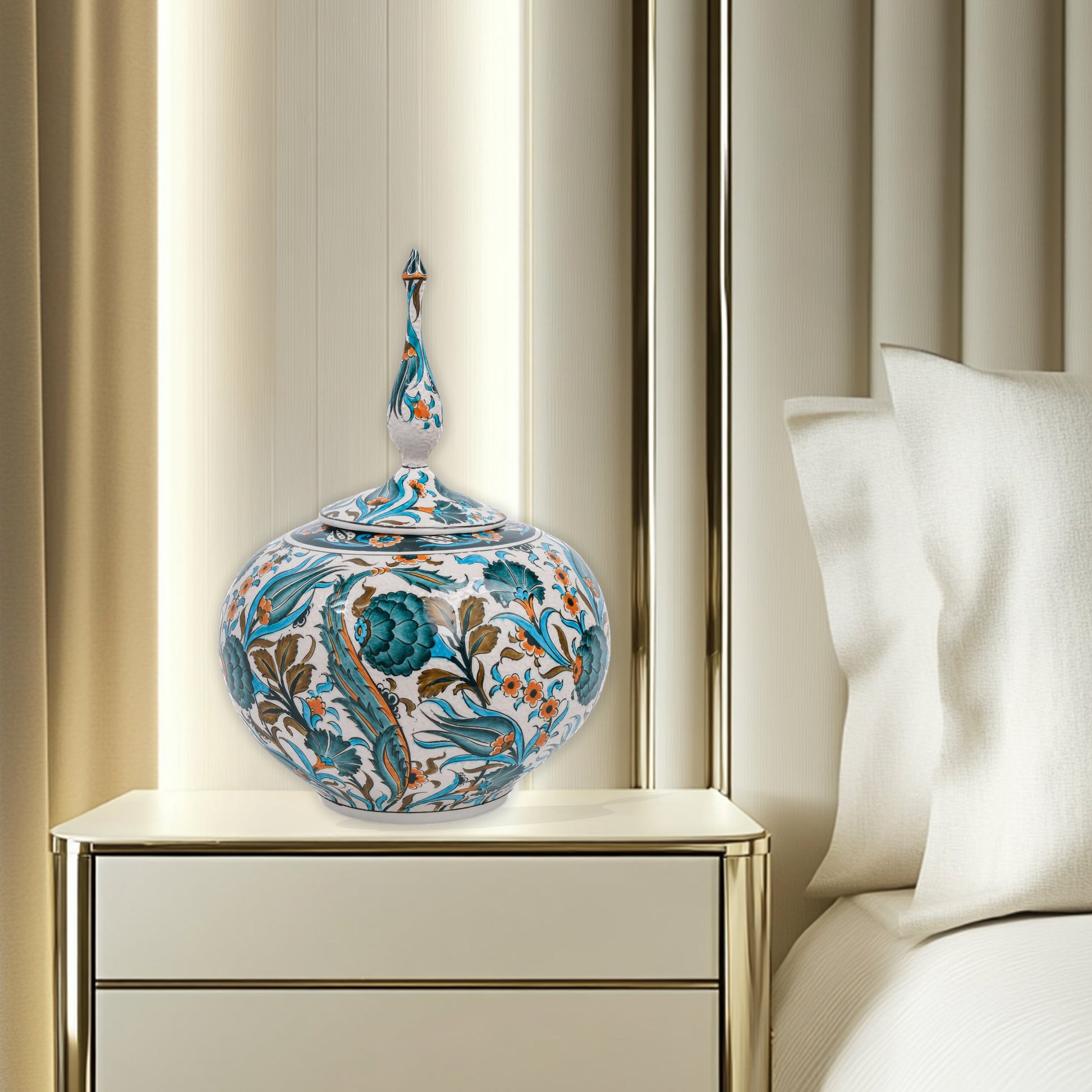 Hand-painted Iznik Bloom globe jar with teal blooms, tulips & vines on white. Bulbous Ottoman-inspired ceramic jar with finial lid, perfect décor or gift.