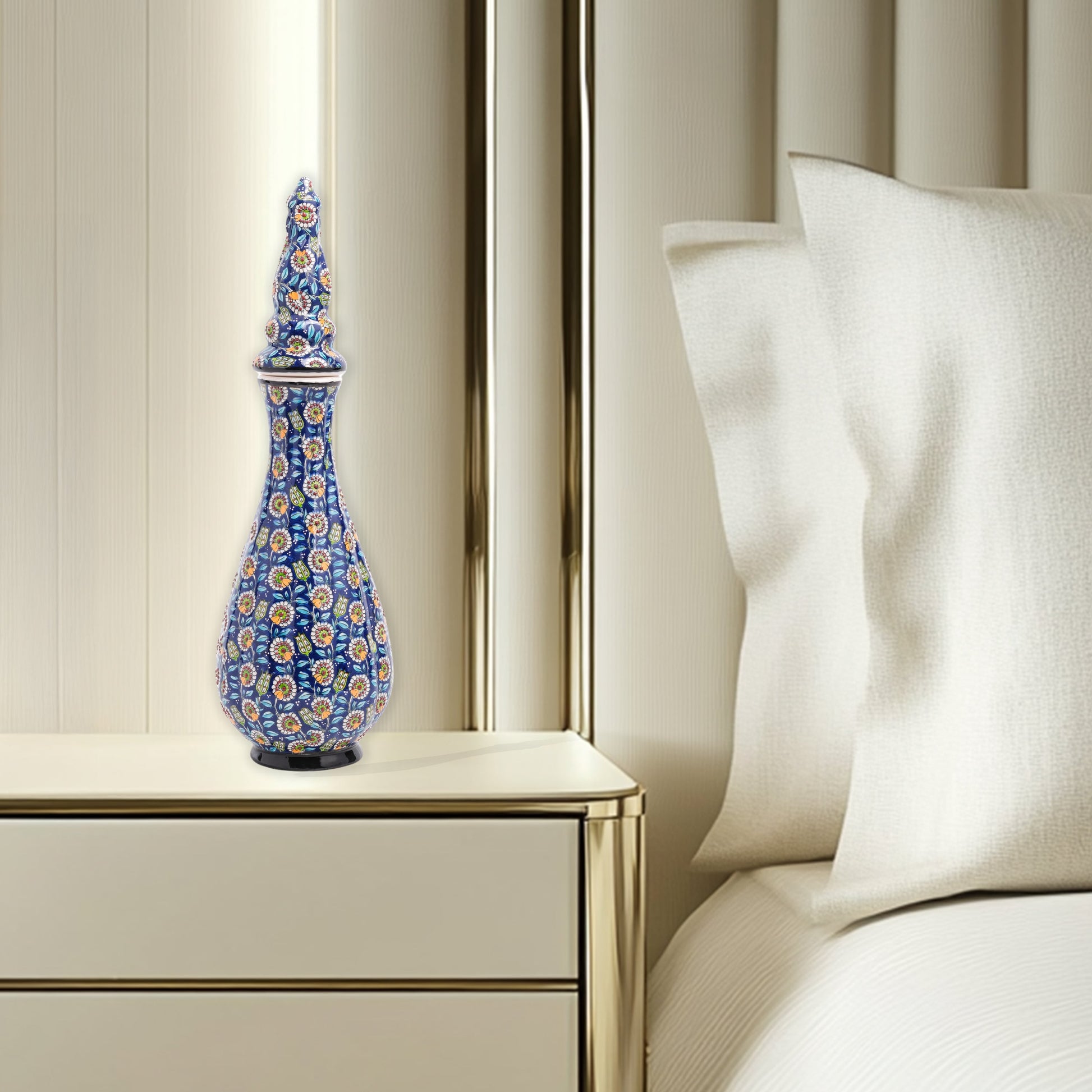 Hand-painted Nightingale’s Eye ceramic vase with Ottoman floral motifs on navy. Elegant tall form with lid, artisan-crafted, perfect décor or gift.