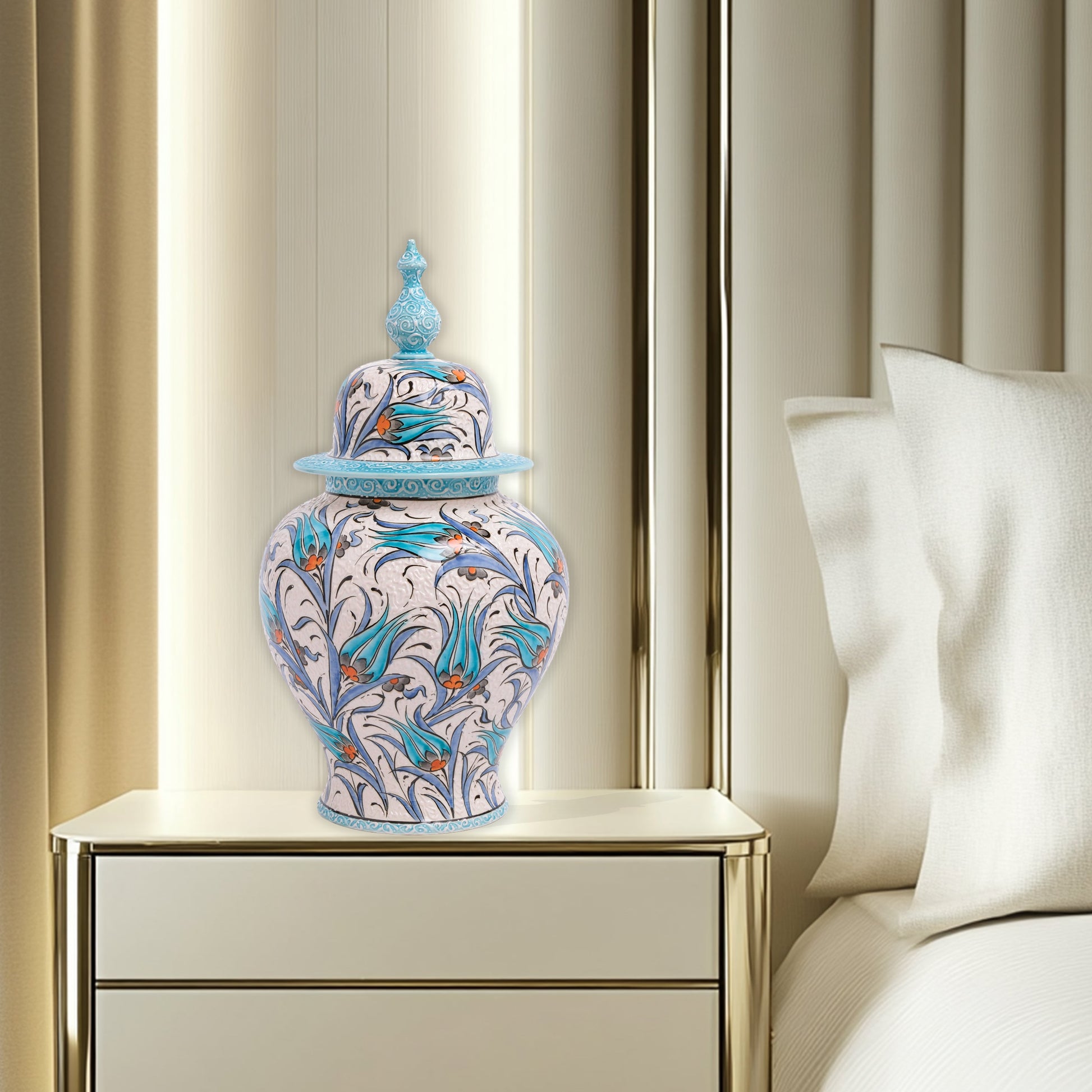 Hand-painted Blue Tulip ceramic jar with Ottoman floral motifs in blue and orange. Finished with turquoise lid, artisan-made, perfect décor or collector’s gift.