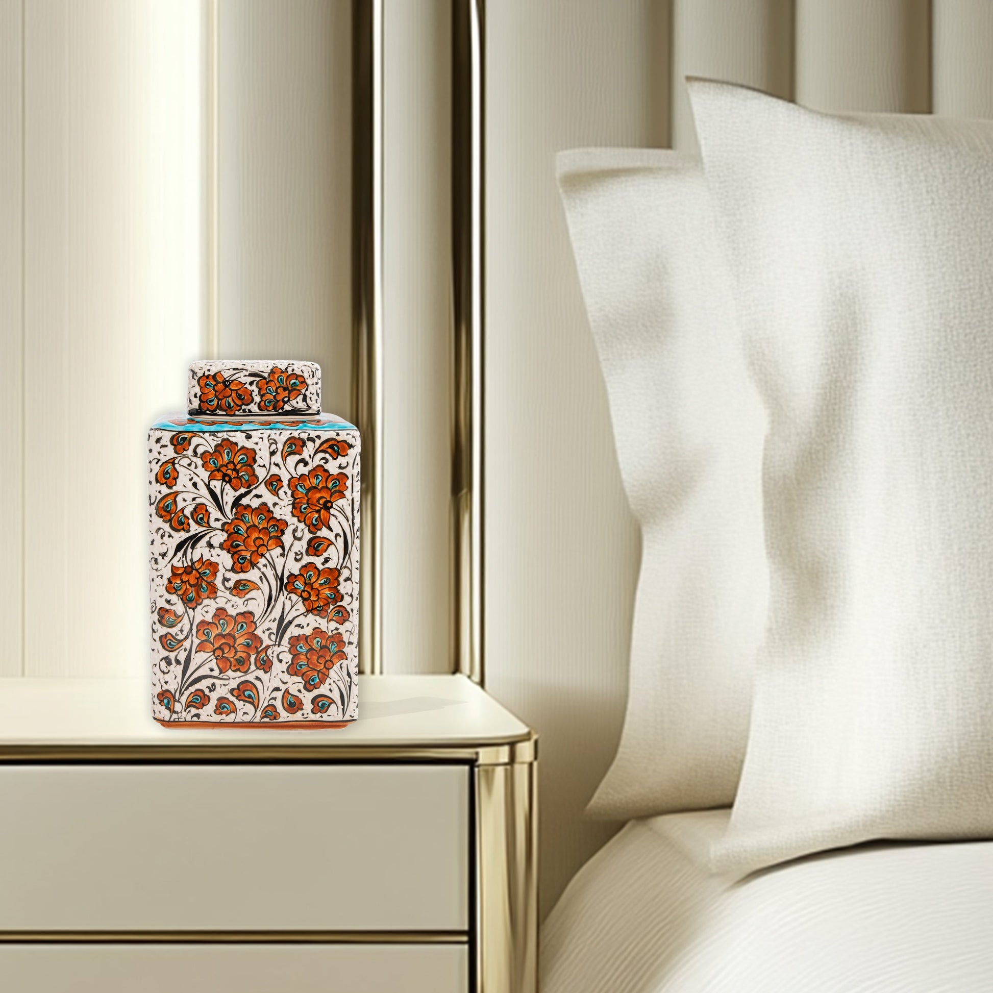 Hand-painted Terracotta Bloom ceramic jar with vivid orange floral motifs. Square lidded design, artisan-crafted, perfect for tea, spices, décor, or gifts.