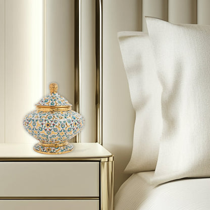 Hand-painted Golden Bloom ceramic jar with turquoise flowers and gold accents. Lidded artisan jar, perfect as honey pot, candy bowl, or luxury décor gift.