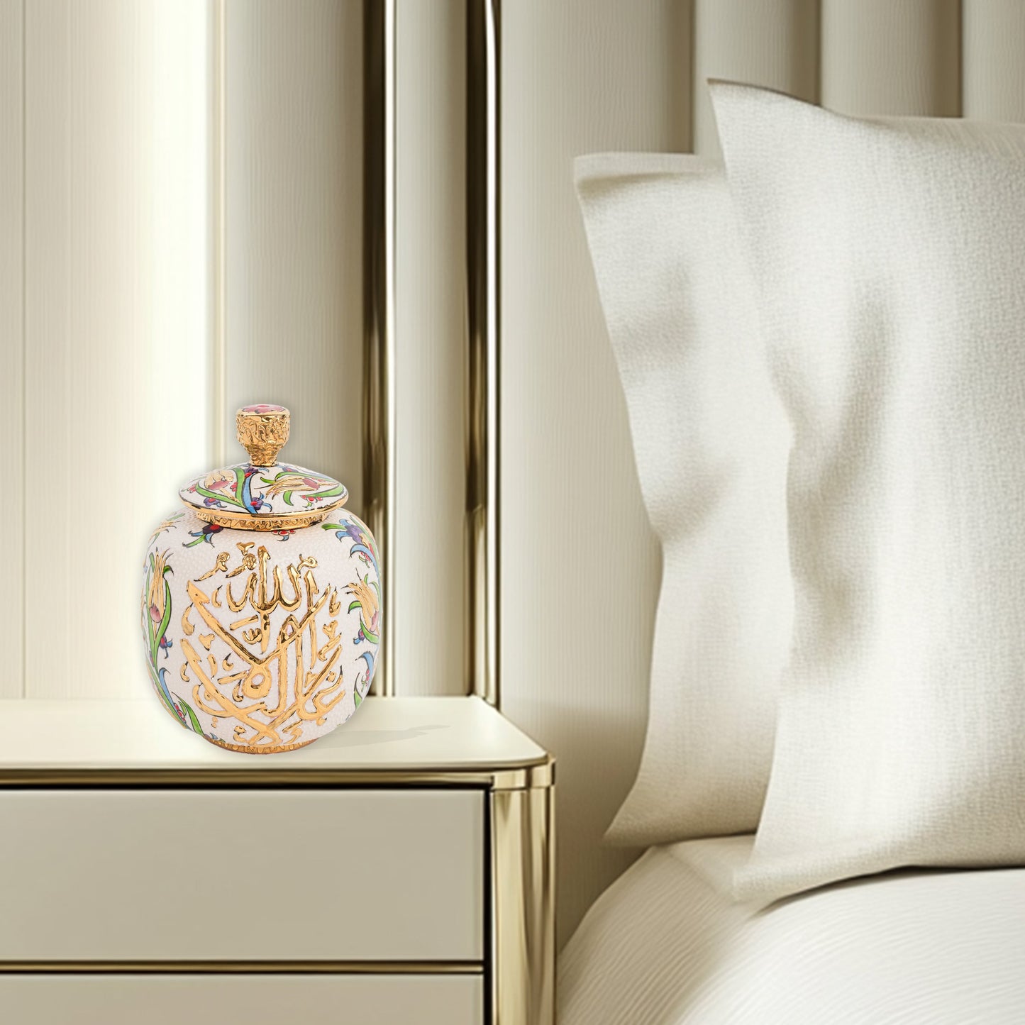 Hand-painted Divine Script ceramic jar with golden Arabic calligraphy and floral motifs. Lidded artisan jar, perfect for honey, ginger, spices, or spiritual décor.