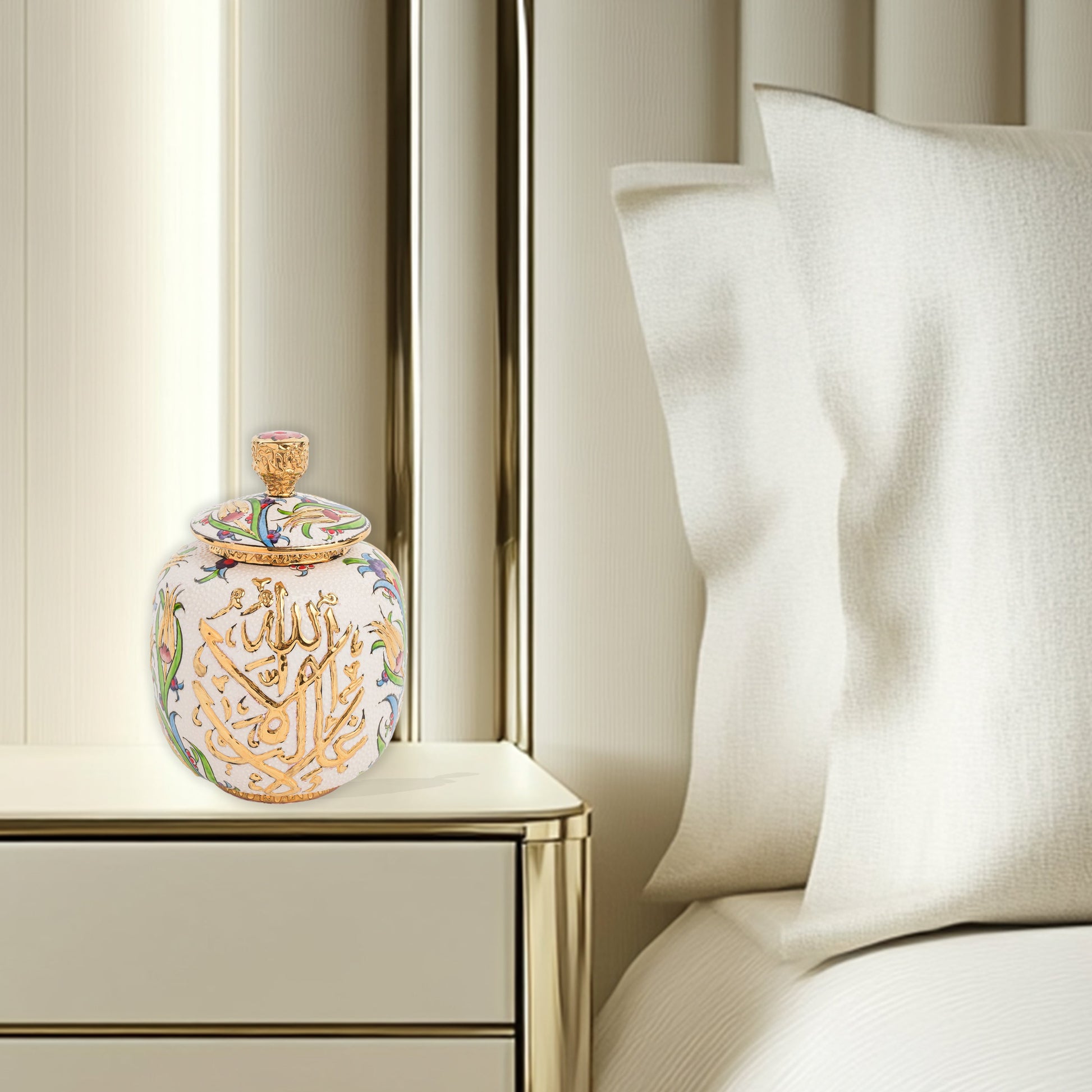 Hand-painted Divine Script ceramic jar with golden Arabic calligraphy and floral motifs. Lidded artisan jar, perfect for honey, ginger, spices, or spiritual décor.