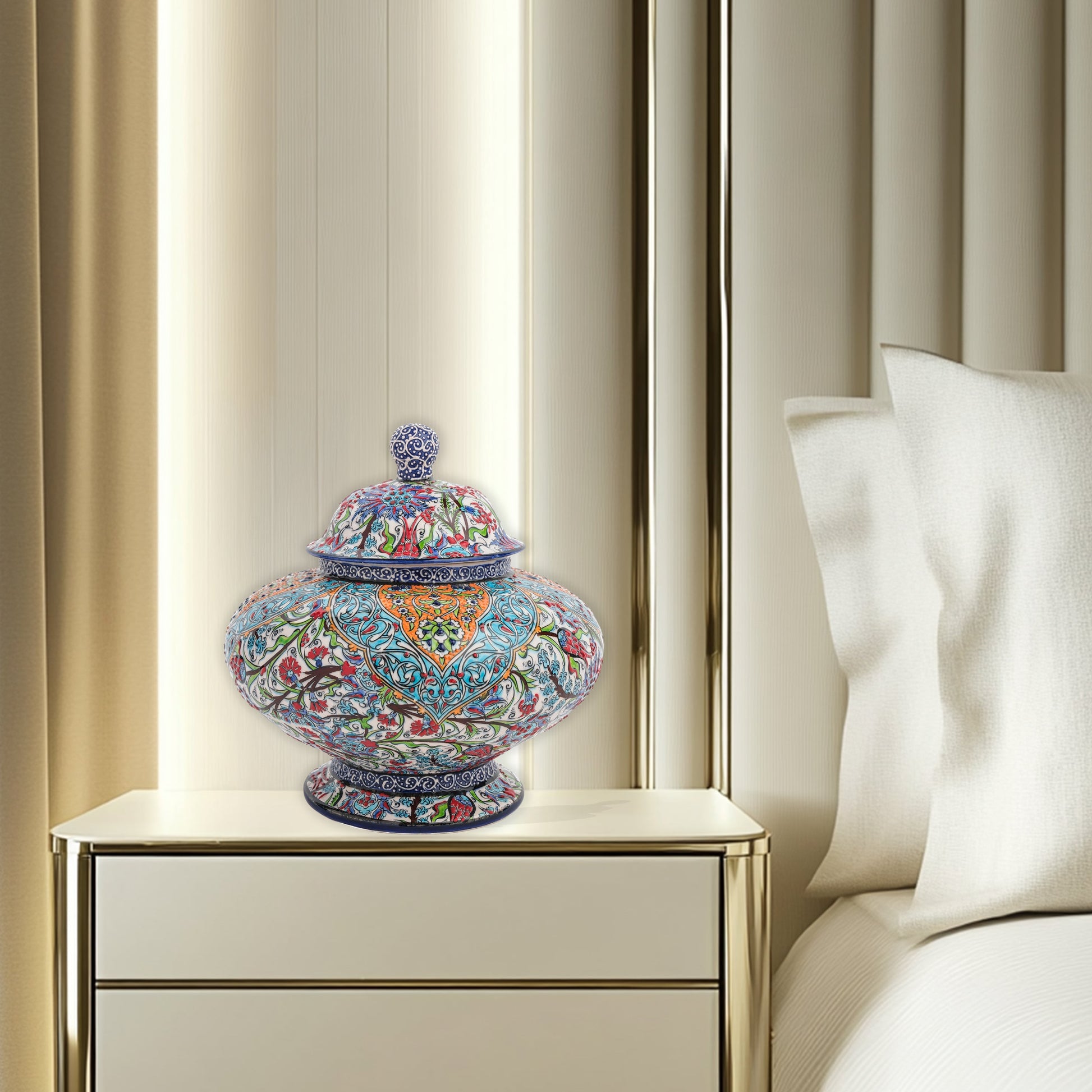 Hand-painted Royal Ornament ceramic jar with Ottoman floral and geometric motifs in turquoise, orange & navy. Wide artisan jar, perfect décor or luxury gift.