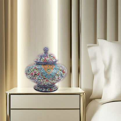 Hand-painted Royal Ornament ceramic jar with Ottoman floral and geometric motifs in turquoise, orange & navy. Wide artisan jar, perfect décor or luxury gift.