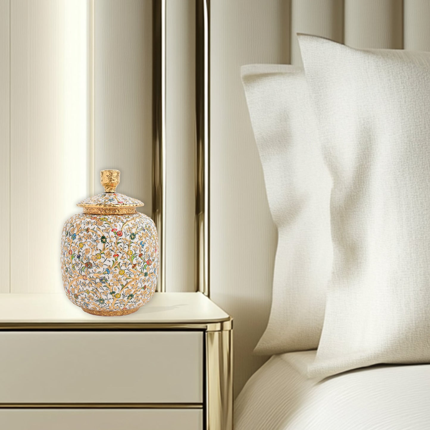 Hand-painted Golden Blossom ceramic jar with colorful floral motifs and gold accents. Lidded artisan jar, ideal for honey, ginger, spices, or elegant décor.