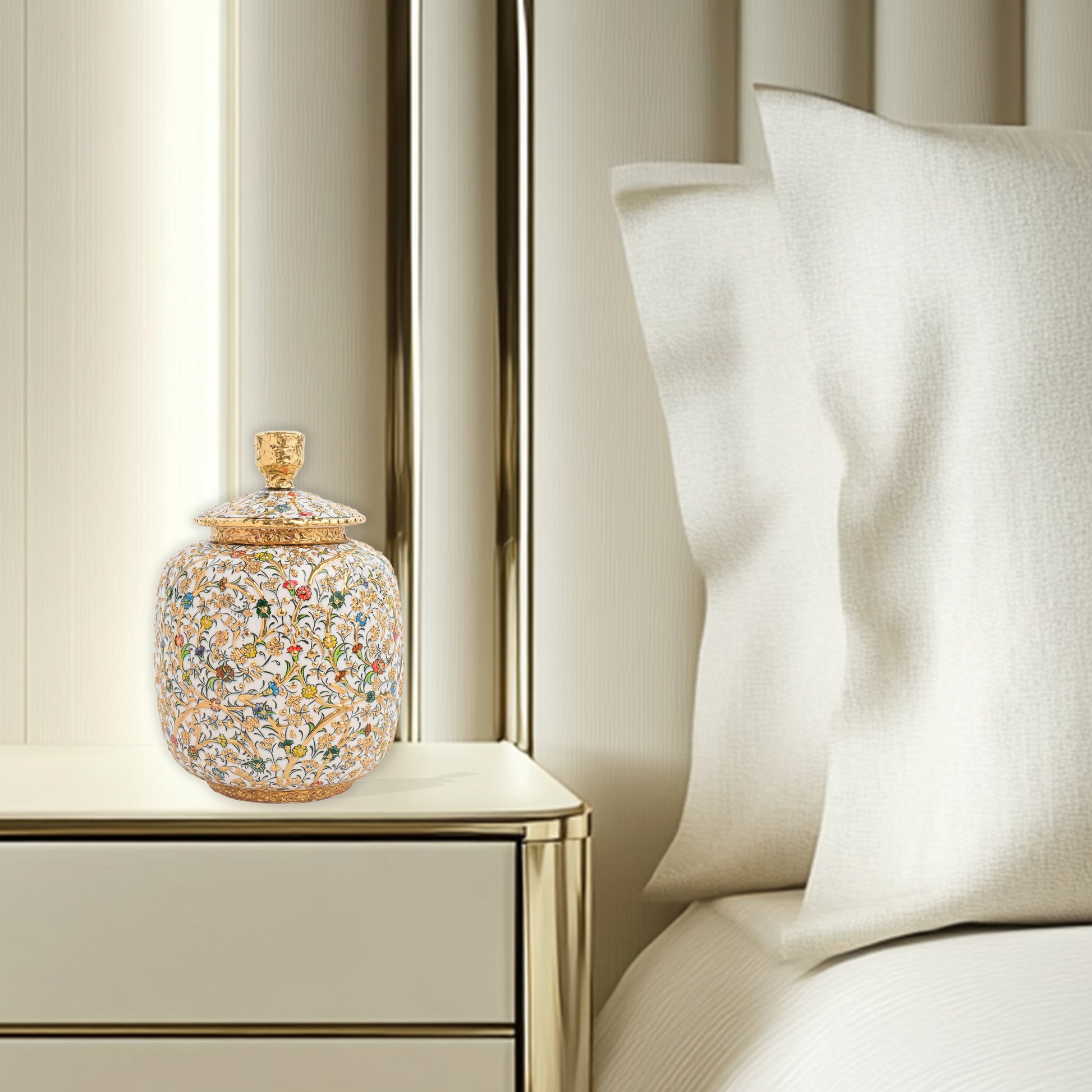 Hand-painted Golden Blossom ceramic jar with colorful floral motifs and gold accents. Lidded artisan jar, ideal for honey, ginger, spices, or elegant décor.