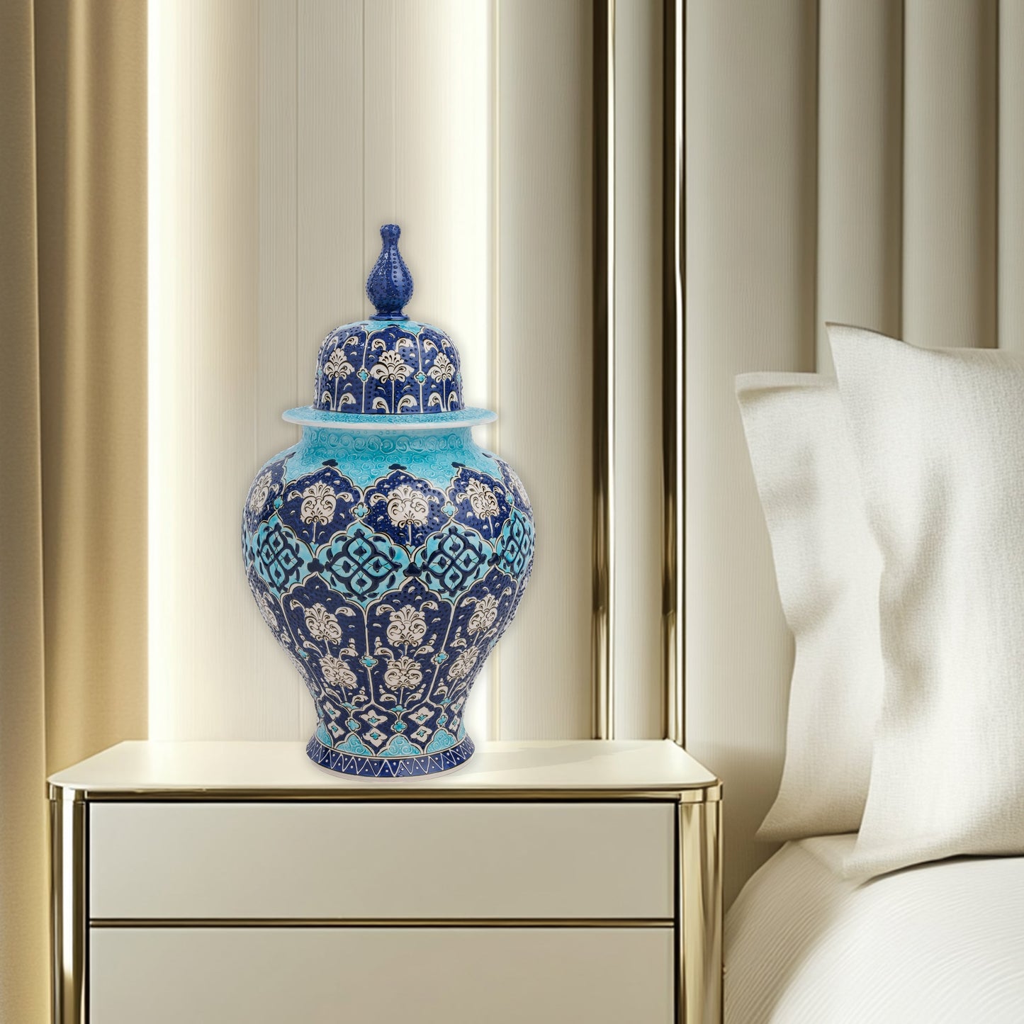 Handmade Ceramic Jar, Ottoman Blue Decorative Jar with Lid, Ceramic Ginger Jar