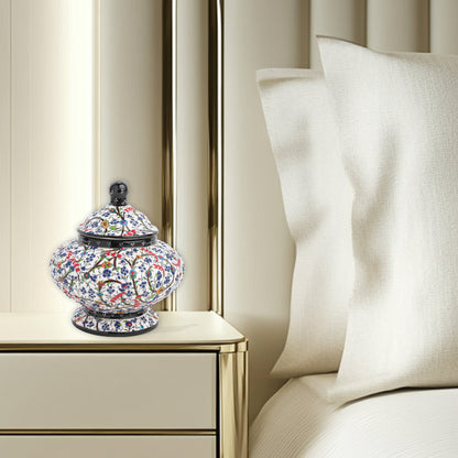 Hand-painted Floral Meadow ceramic jar with multicolor wildflowers on white, black rim & finial. Lidded artisan jar, perfect as honey pot, candy bowl, or gift.