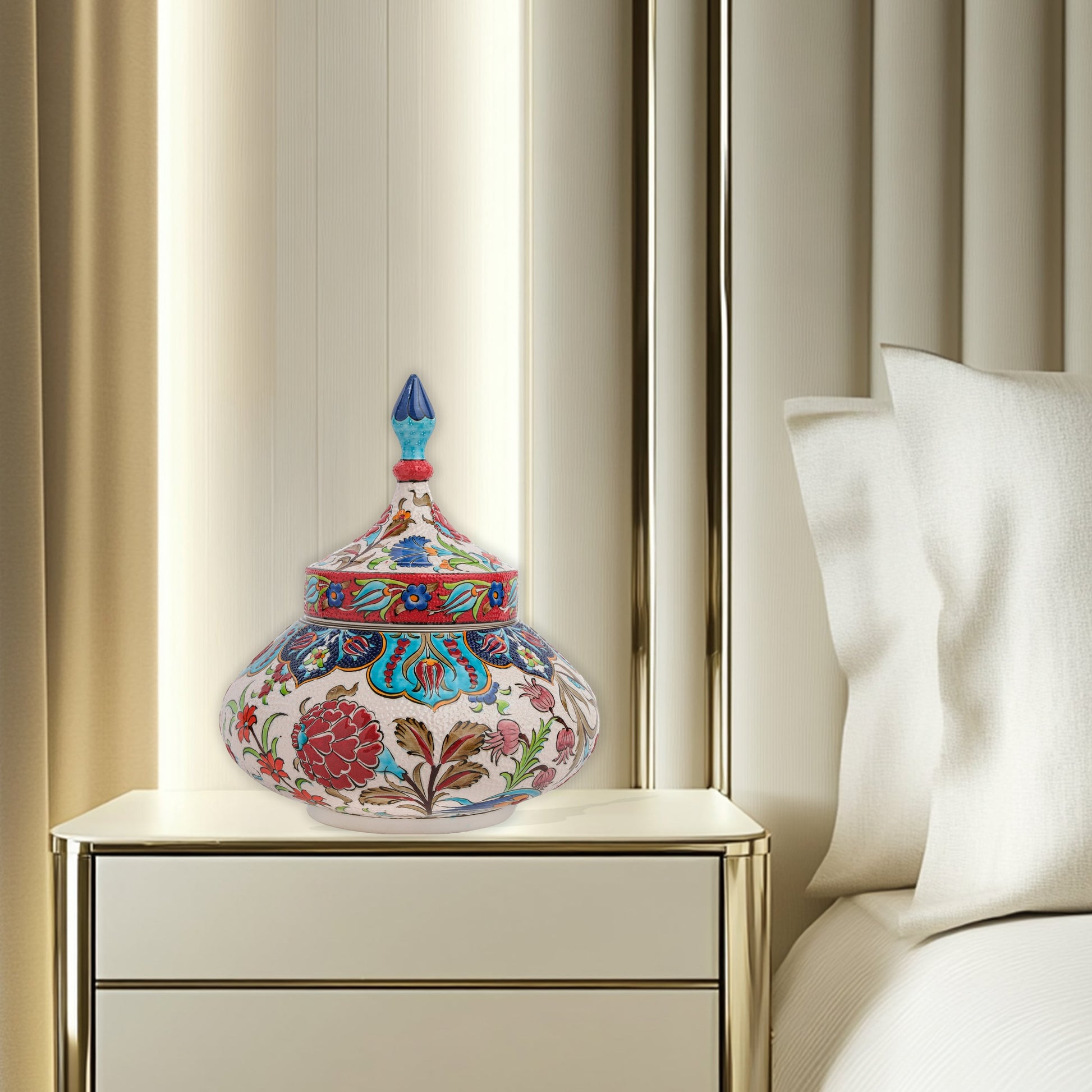 Hand-painted Vizier Bloom ceramic jar with vivid Ottoman floral motifs and turquoise finial lid. Wide-bodied artisan jar, perfect as candy bowl, décor, or gift.