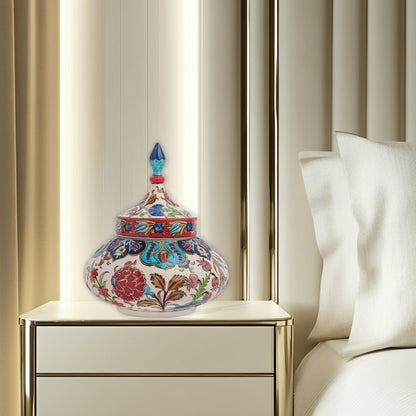 Hand-painted Vizier Bloom ceramic jar with vivid Ottoman floral motifs and turquoise finial lid. Wide-bodied artisan jar, perfect as candy bowl, décor, or gift.