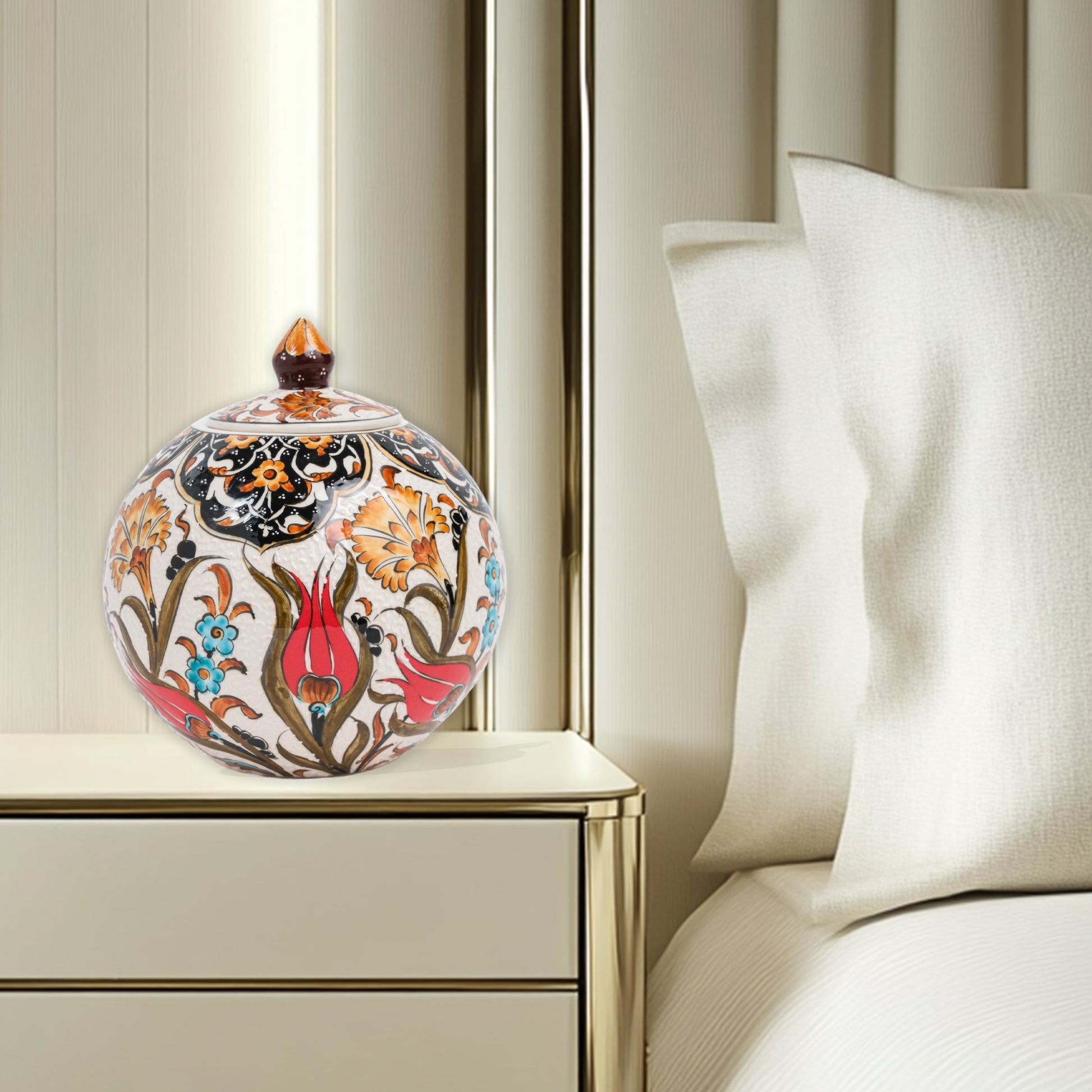Hand-painted Red Tulip globe jar with Ottoman floral motifs in red, blue & gold. Glossy round ceramic jar, artisan-crafted, perfect décor or thoughtful gift.