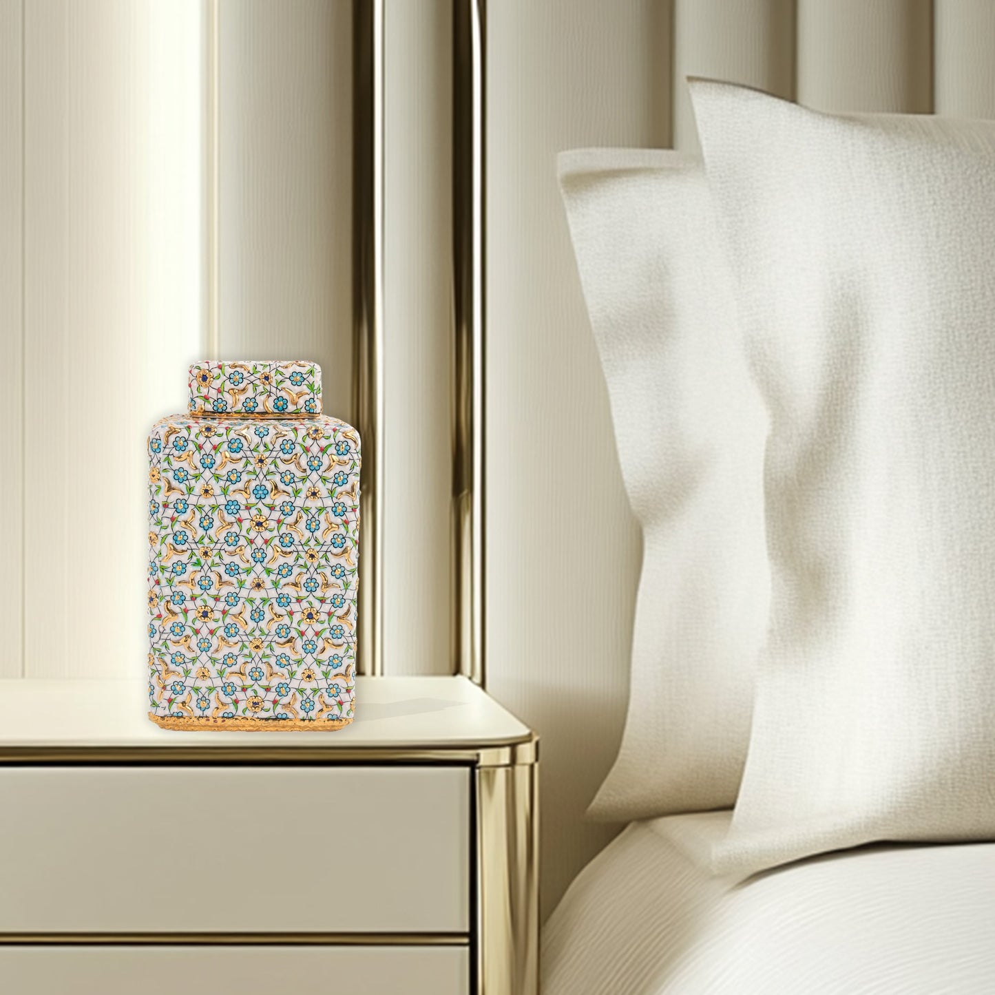 Handmade Ceramic Jar, Turquoise Bloom Decorative Jar with Lid, Ceramic Square Jar