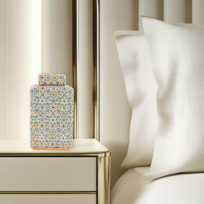 Handmade Ceramic Jar, Turquoise Bloom Decorative Jar with Lid, Ceramic Square Jar