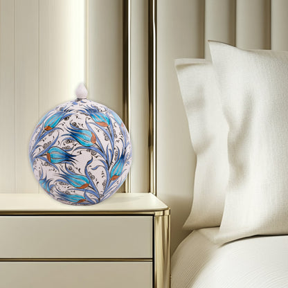 Hand-painted Turquoise Tulip globe jar with Ottoman floral motifs in turquoise & cobalt. Spherical ceramic design, artisan-made, perfect décor or gift.