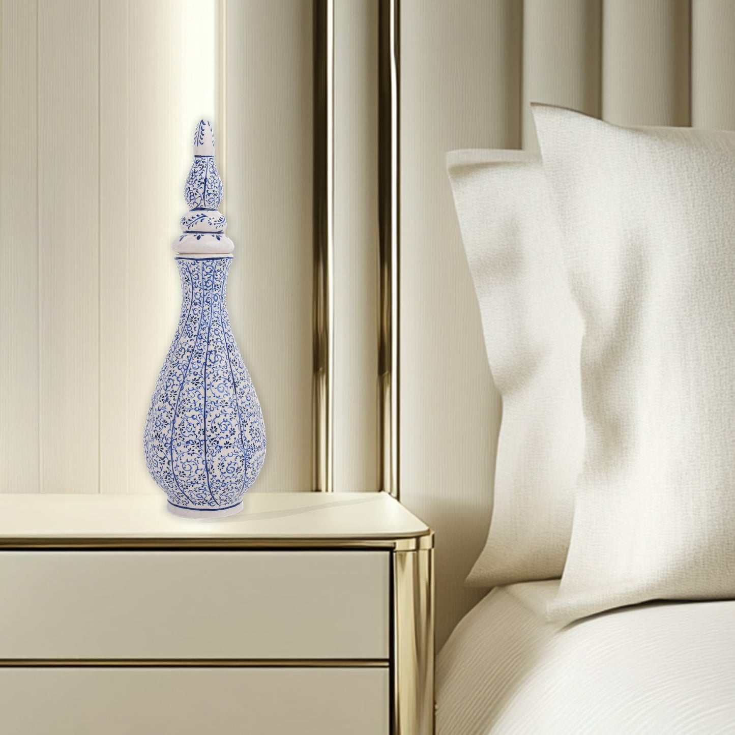 Hand-painted Iznik Nightingale’s Eye ceramic vase with lid, featuring blue vine motifs on white. Tall Ottoman-inspired design, perfect for décor or gifting.