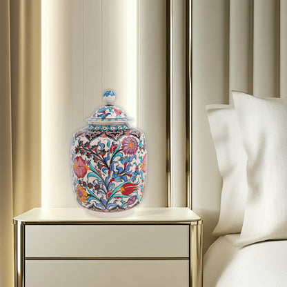 Hand-painted Garden Bloom ceramic jar with multicolor Ottoman floral motifs. Tall canister design, artisan-made, perfect for storage, décor, or gifting.