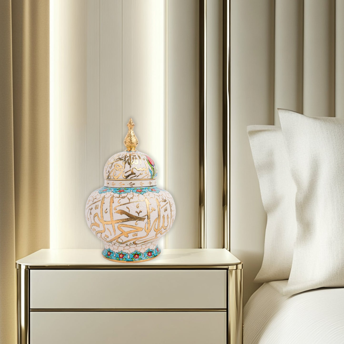 Hand-painted Vizier Bloom ceramic jar with vivid Ottoman floral motifs and turquoise finial lid. Wide-bodied artisan jar, perfect as candy bowl, décor, or gift.