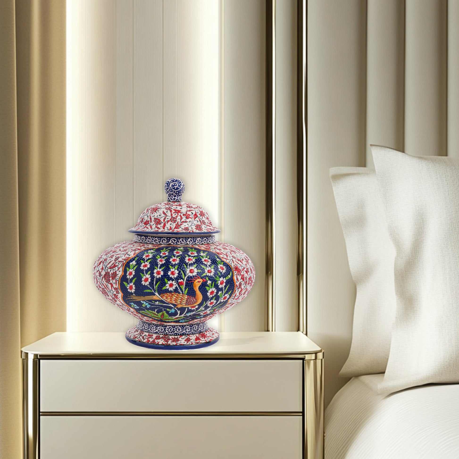 Hand-painted Songbird Bloom ceramic jar with bird and daisy motifs in navy, red & green. Wide artisan jar, glossy glazed, perfect décor accent or gift.