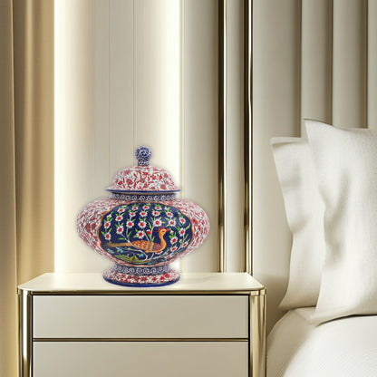 Hand-painted Songbird Bloom ceramic jar with bird and daisy motifs in navy, red & green. Wide artisan jar, glossy glazed, perfect décor accent or gift.