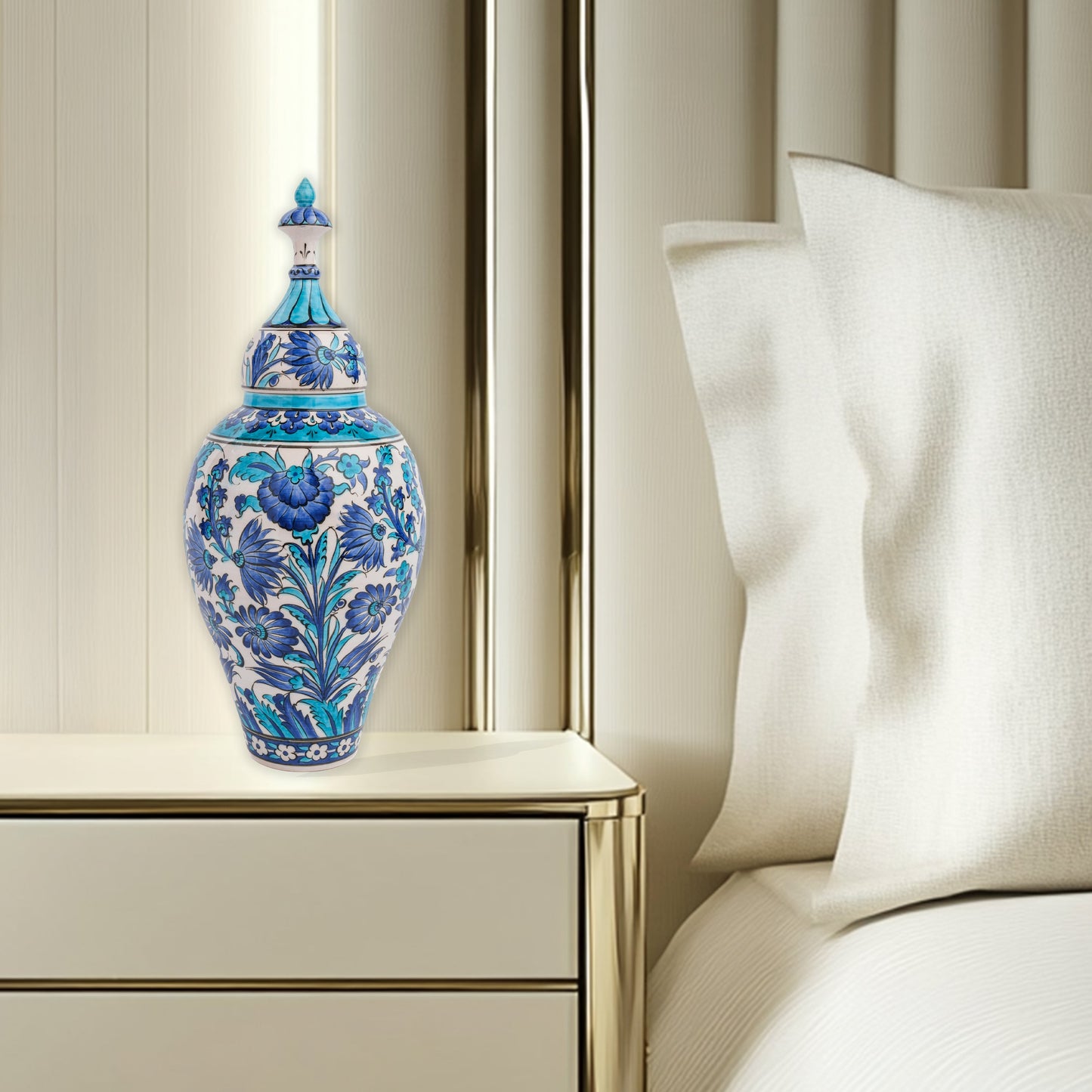 Hand-painted Vizier Blue ceramic canister with Ottoman floral motifs in cobalt, turquoise & azure. Tall lidded vase, artisan-made, perfect décor or gift.