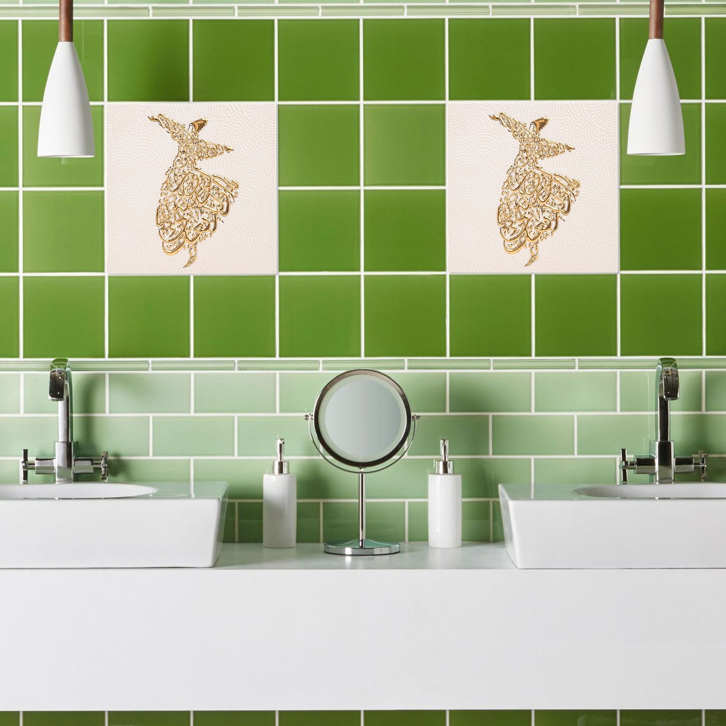 Bathroom with green tiles and decorative ceramic tiles above a sink.