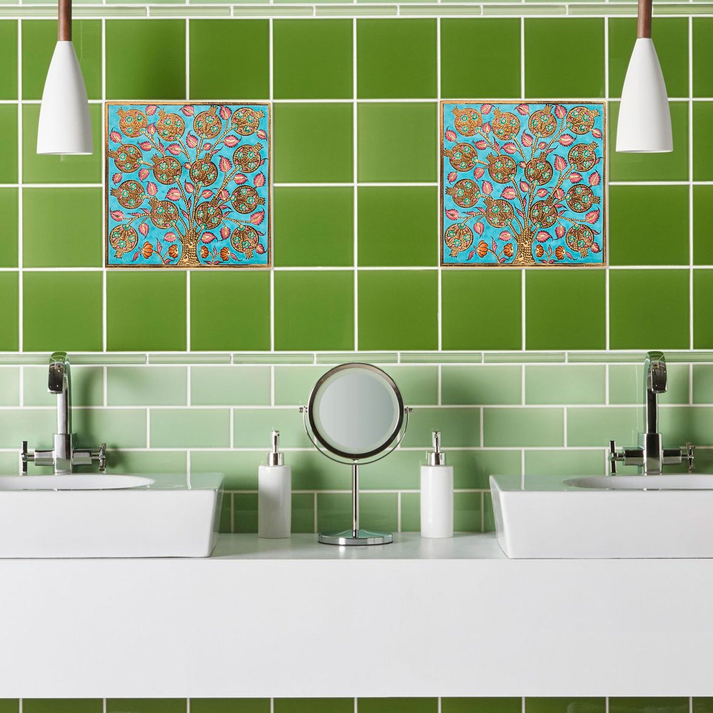 Bathroom with green tiles and decorative ceramic tile above a sink.