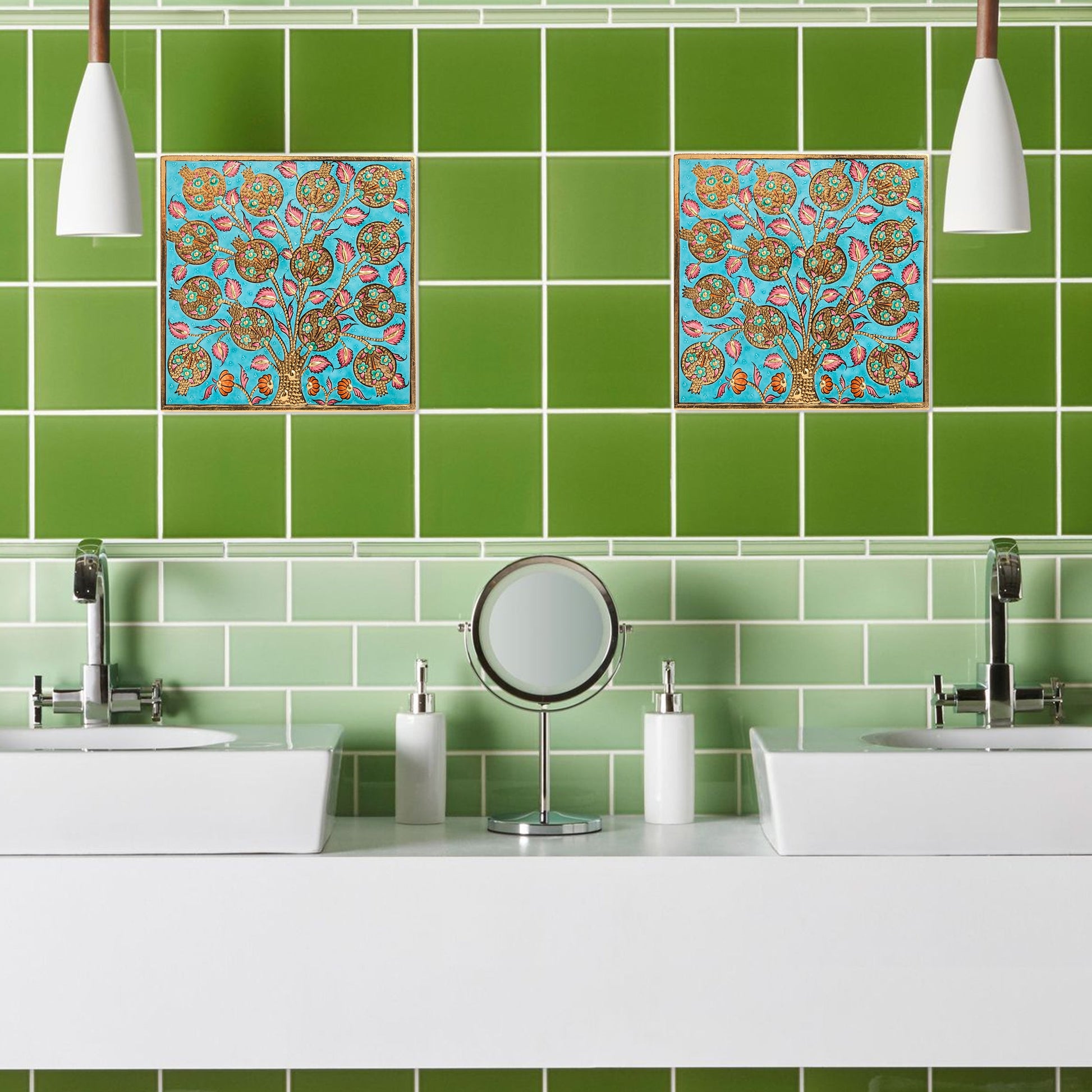 Bathroom with green tiles and decorative ceramic tile above a sink.